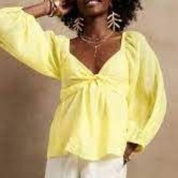 Banana Republic Yellow Ramie Gauze Twist Front Long Ballon Sleeve Peplum Blouse - Picture 1 of 17